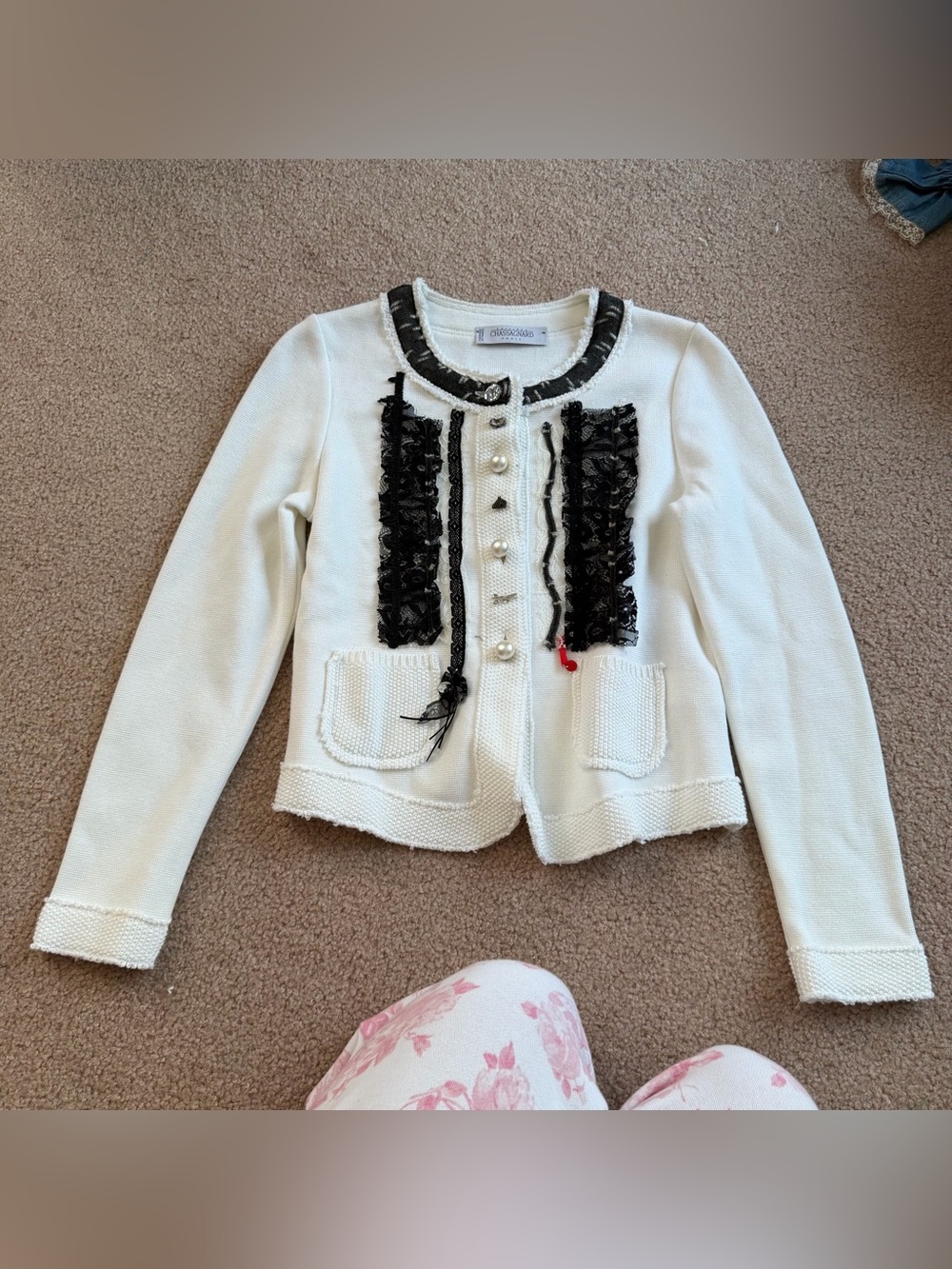 Vintage Chassagnard Paris tweed jacket with black lace trim and pearl detailing